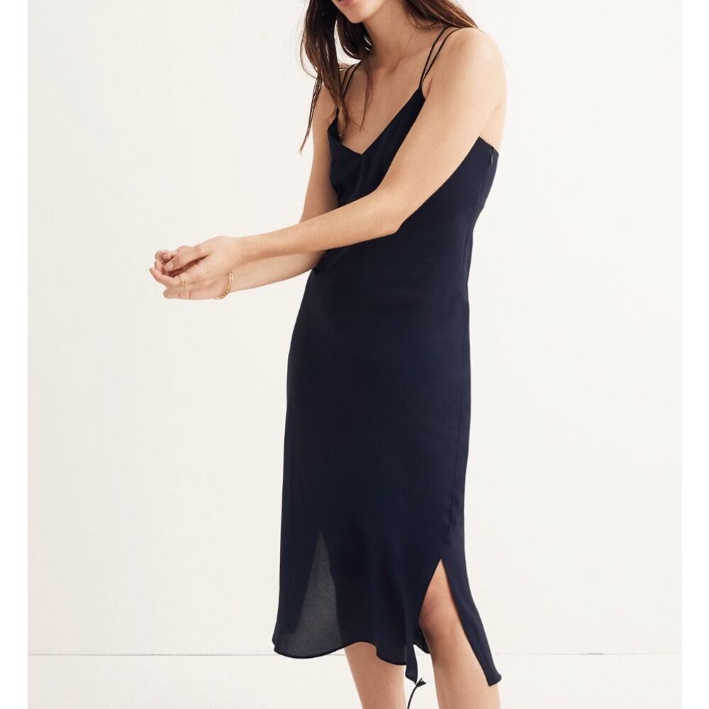 MADEWELL Women's 100% Silk Slip Dress Size 4 Black Double Spaghetti Strap Midi